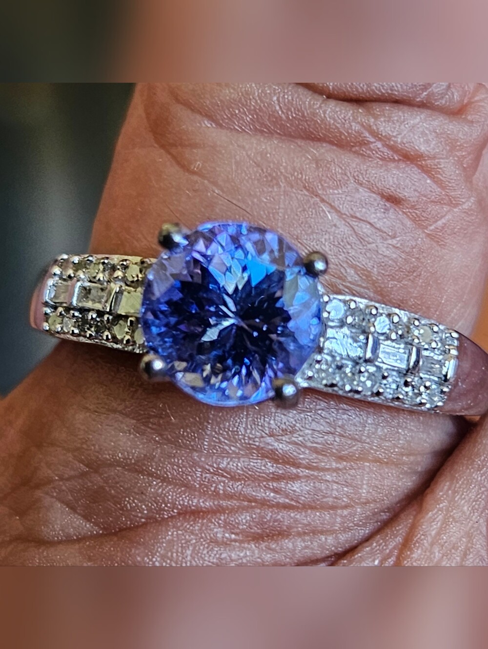 Portuguese Cut Tanzanite & Diamonds Ring Platinum Over Sterling Silver